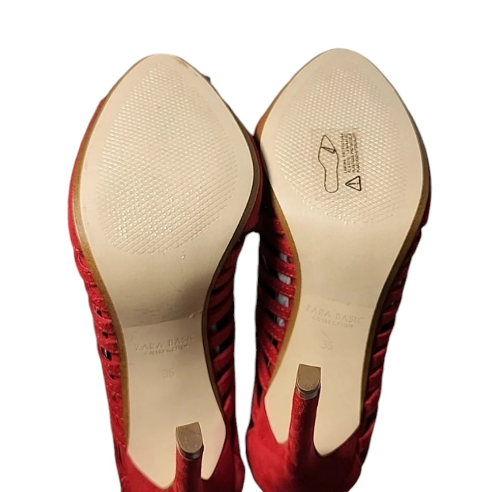 Zara Bright Red Faux Suede Strappy Caged Open Toe 4” Stiletto Heels Size‎ 36